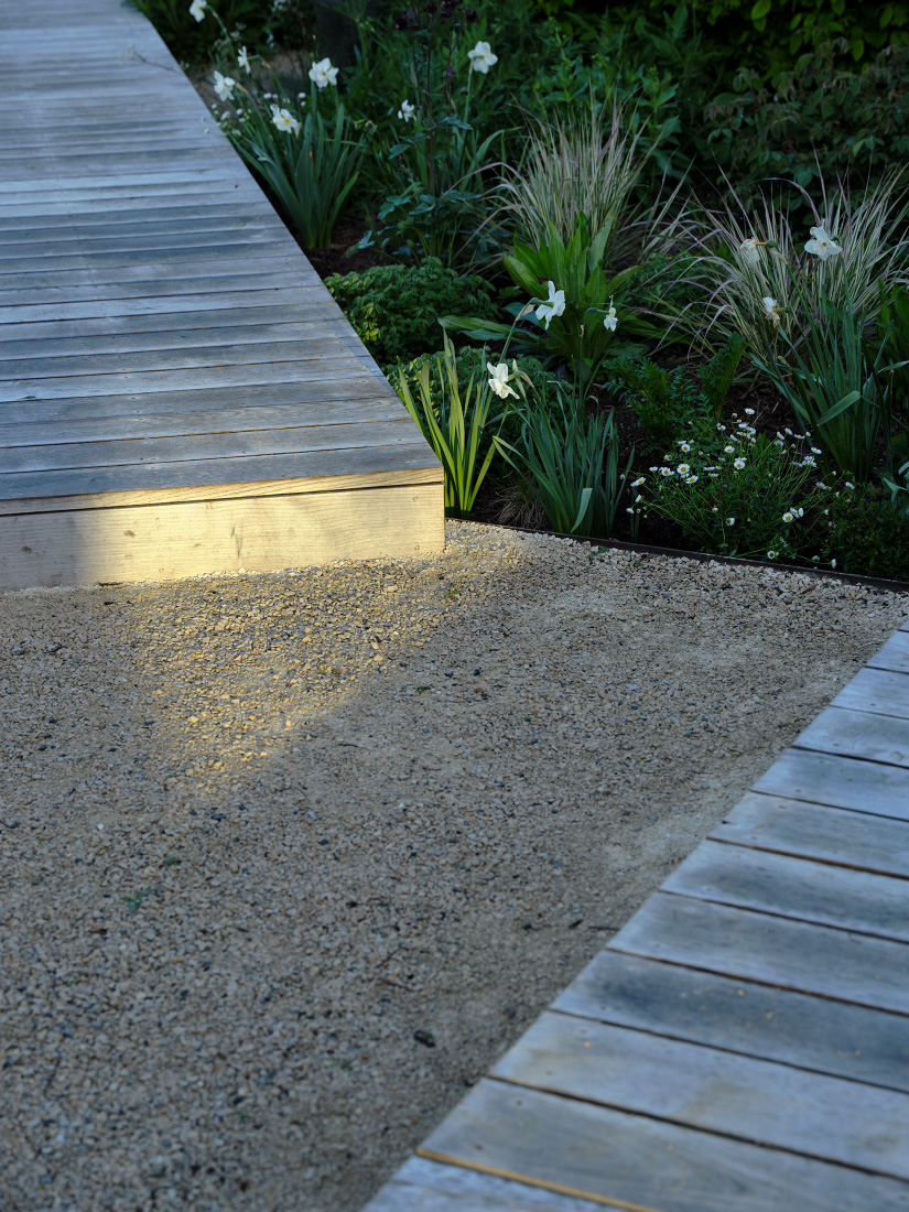 Geometric boardwalks create a garden journey