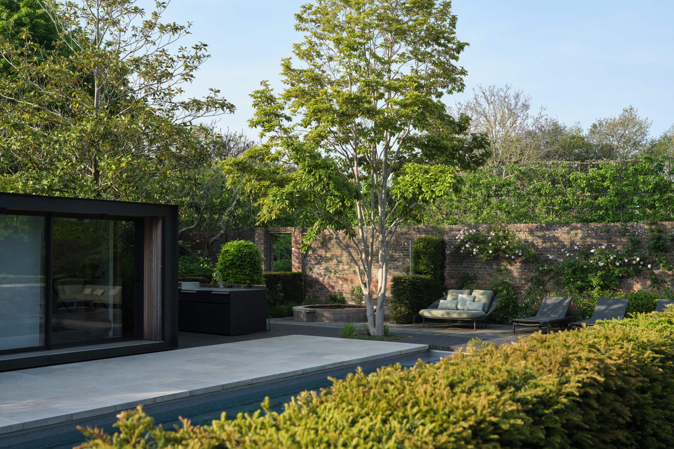 A sculptural Magnolia provides shade to the terraces